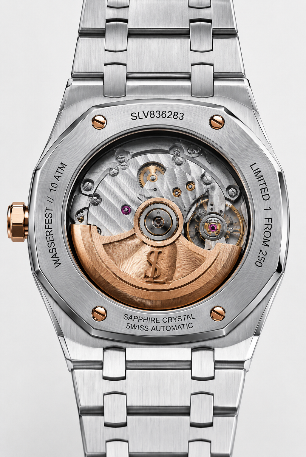 SLVNT Gehäuseboden mit Saphirglas und Roségold-Automatikrotor – Limited 1 from 250